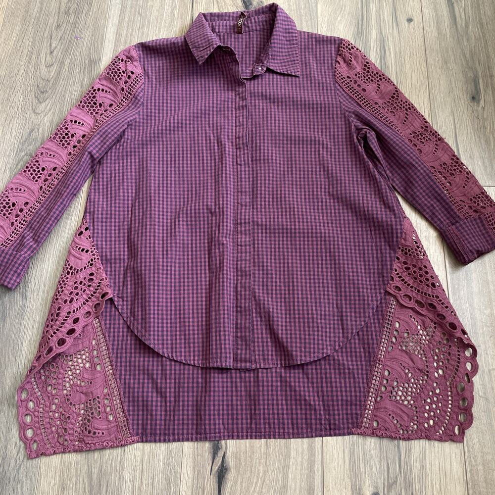 XCVI Button Up Shirt Sz Small Purple Pink Check Poplin Tunic Top Crochet Accent